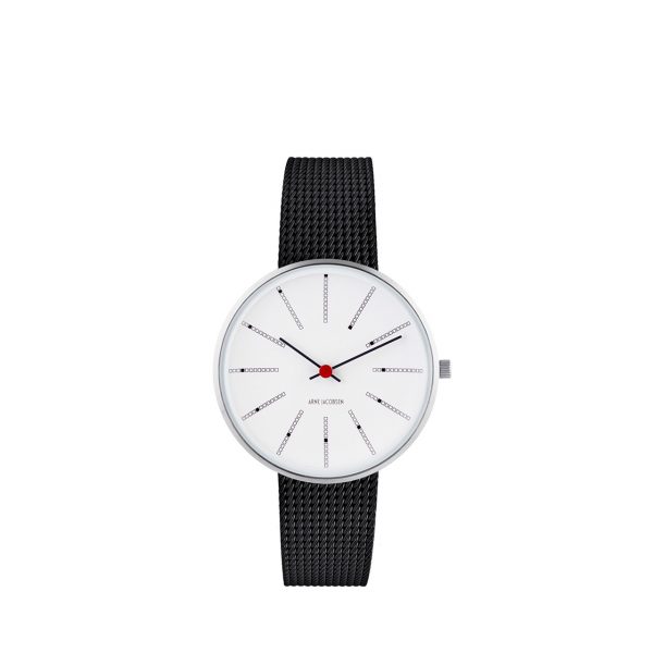 ARNE JACOBSEN Bankers 34mm hvid skive, sort mesh lænke