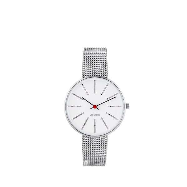 ARNE JACOBSEN Bankers 34mm hvid skive, stål mesh lænke