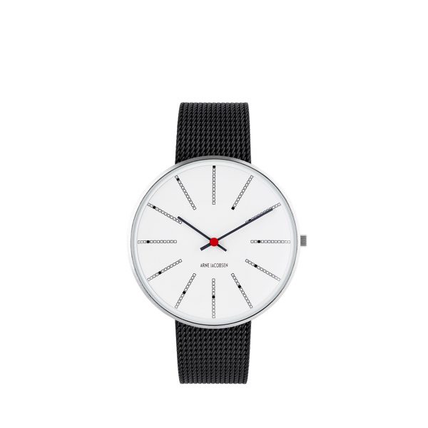 ARNE JACOBSEN Bankers 40mm hvid skive, sort mesh lænke