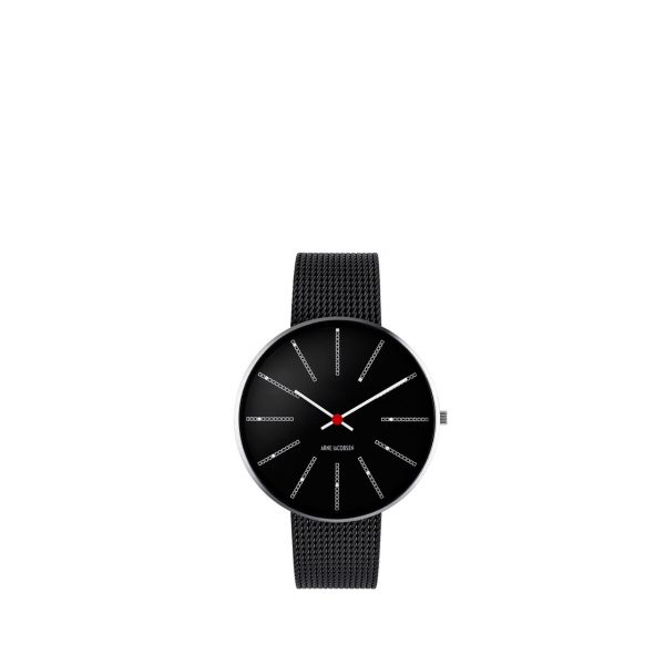 ARNE JACOBSEN Bankers 40mm sort skive, sort mesh lænke