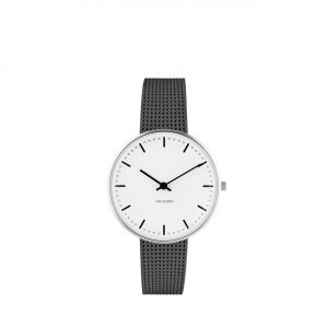 ARNE JACOBSEN City Hall 34mm hvid skive, grå mesh lænke