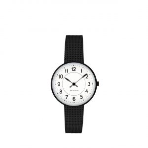 ARNE JACOBSEN Station 30mm hvid skive, sort mesh lænke