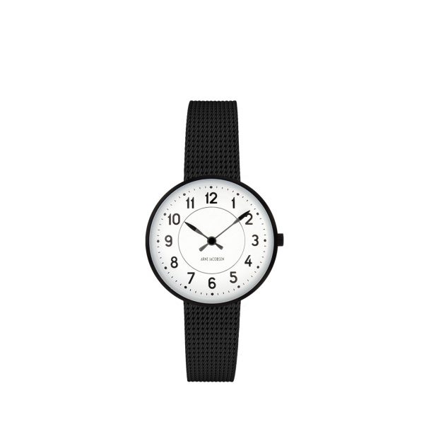 ARNE JACOBSEN Station 30mm hvid skive, sort mesh lænke