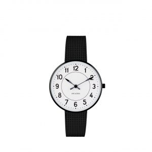 ARNE JACOBSEN Station 34mm hvid skive, sort mesh lænke