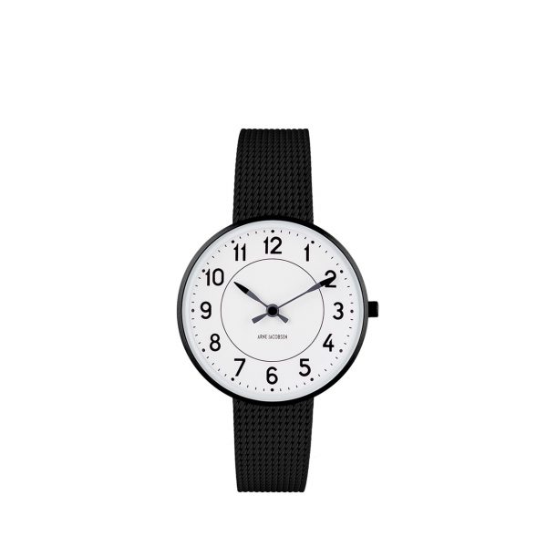 ARNE JACOBSEN Station 34mm hvid skive, sort mesh lænke