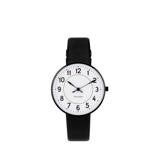 ARNE JACOBSEN Station 34mm hvid skive, sort rem