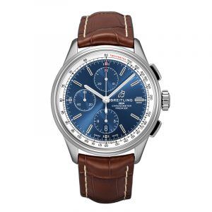 Breitling Premier Chrono 42 herreur i stål med blå skive og brun krokodillerem