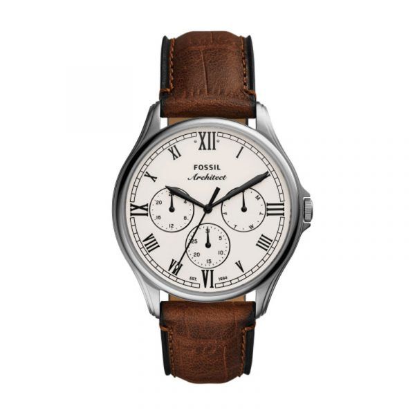 FOSSIL ARC - 02 automatic armbåndsur i stål med cremehvid skive og brun læderrem