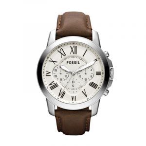 FOSSIL Grant chronograph armbåndsur i stål med cremehvid skive og brun læderrem