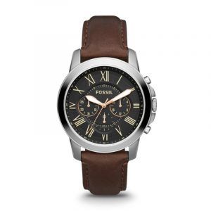 FOSSIL Grant chronograph armbåndsur i stål med sort skive og brun læderrem