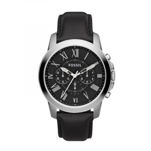 FOSSIL Grant chronograph armbåndsur i stål med sort skive og sort læderrem