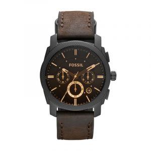 FOSSIL Machine chronograph armbåndsur i sort stål med brun læderrem