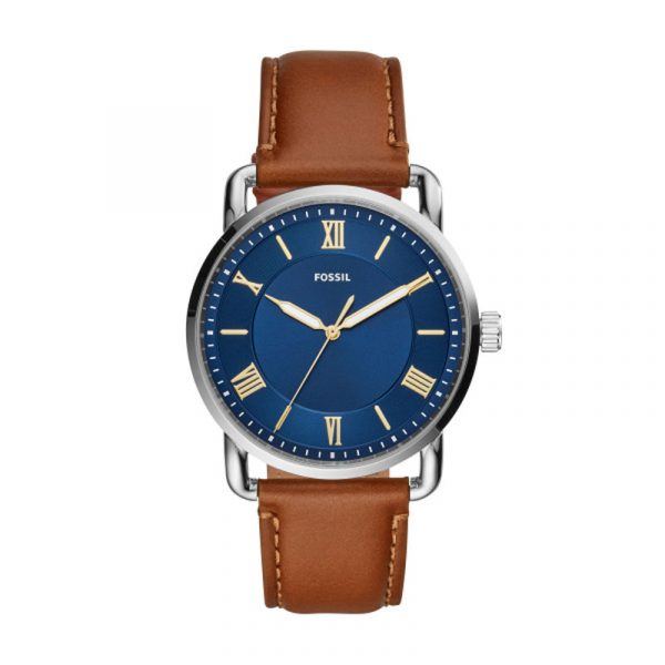 Fossil armbåndsur Copeland med blå skive og brun læderrem