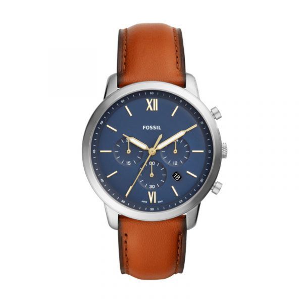 Fossil armbåndsur NEUTRA CHRONO med blå skive og brun læderrem