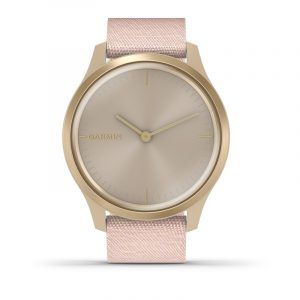 Garmin Vivomove Style smartwatch armbåndsur i guldfarvet aluminium med blush pink nylon rem