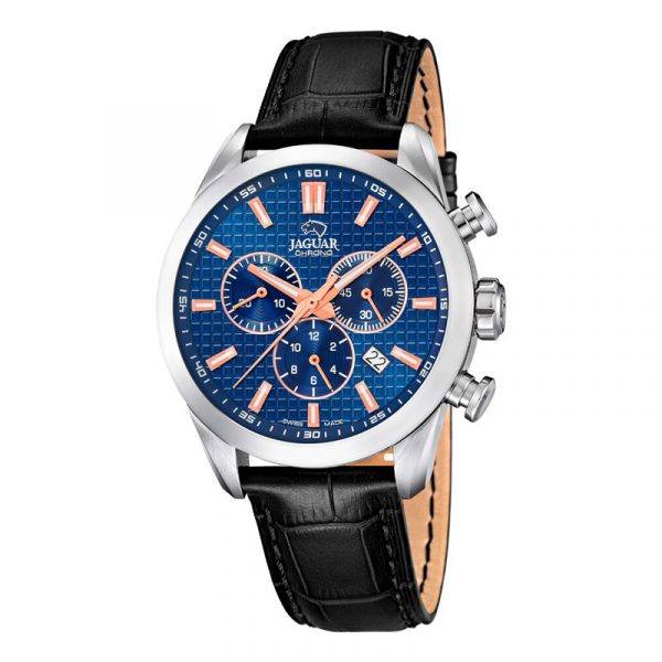 JAGUAR ACAMAR chrono armbåndsur i stål med blå skive og sort læderrem