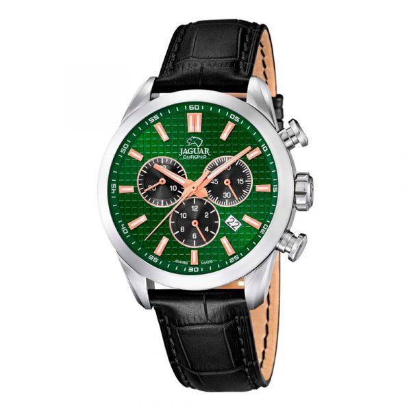 JAGUAR ACAMAR chrono armbåndsur i stål med grøn skive og sort læderrem