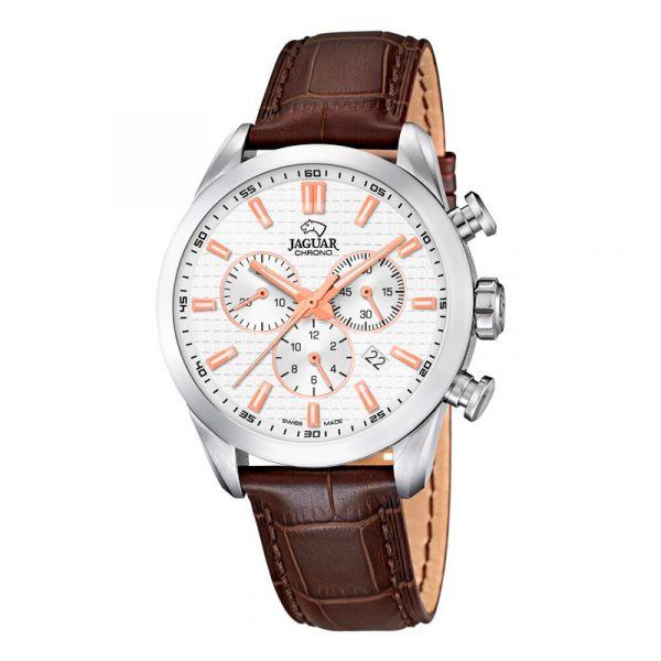 JAGUAR ACAMAR chrono armbåndsur i stål med hvid skive og brun læderrem