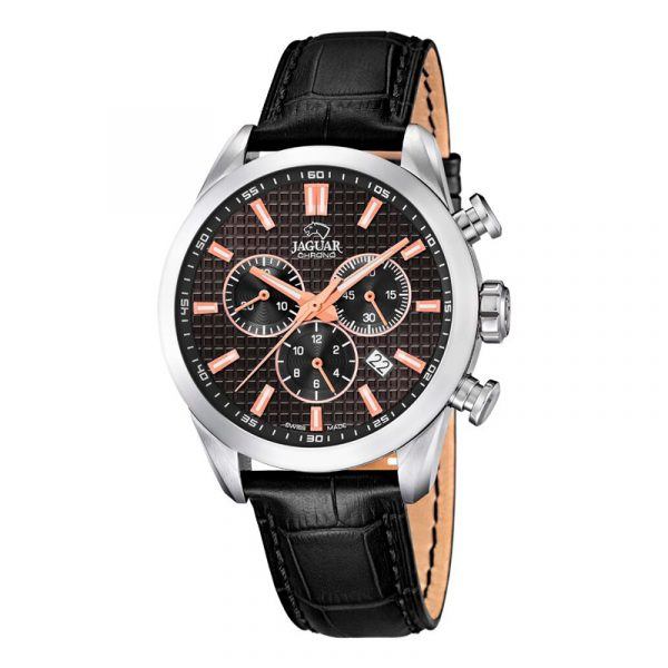 JAGUAR ACAMAR chrono armbåndsur i stål med sort skive og sort læderrem