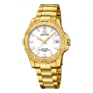 Jaguar Lady Diver armbåndsur i guldfarvet stål med hvid skive og cubic zirkonia