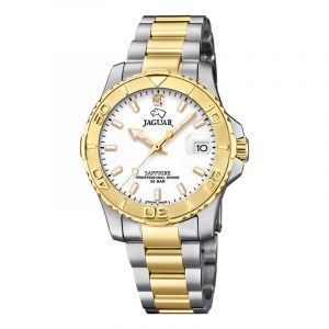 Jaguar Lady Diver armbåndsur i guldfarvet stål/stål med hvid skive og cubic zirkonia