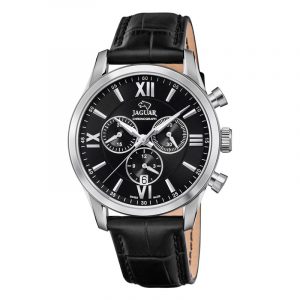 Jaguar armbåndsur chronograph stål med sort skive og sort læder rem