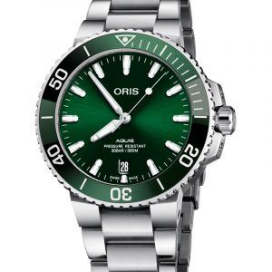 ORIS AQUIS DATE automatik armbåndsur Ø 39,5 med grøn skive og lænke