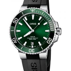 ORIS AQUIS DATE automatik armbåndsur Ø 39,5 med grøn skive og sort gummirem