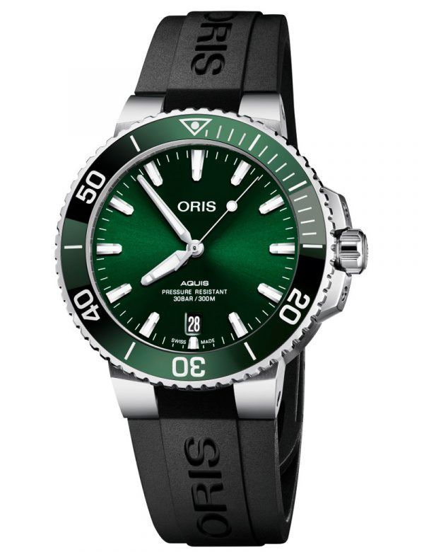 ORIS AQUIS DATE automatik armbåndsur Ø 39,5 med grøn skive og sort gummirem