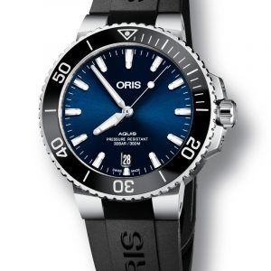 ORIS AQUIS DATE automatik armbåndsur Ø 39,5 mm med blå skive og sort gummirem