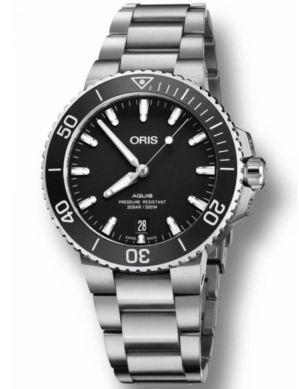 ORIS AQUIS DATE automatik armbåndsur Ø 39,5 mm med sort skive med lænke