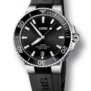 ORIS AQUIS DATE automatik armbåndsur Ø 39,5 mm med sort skive og sort gummirem
