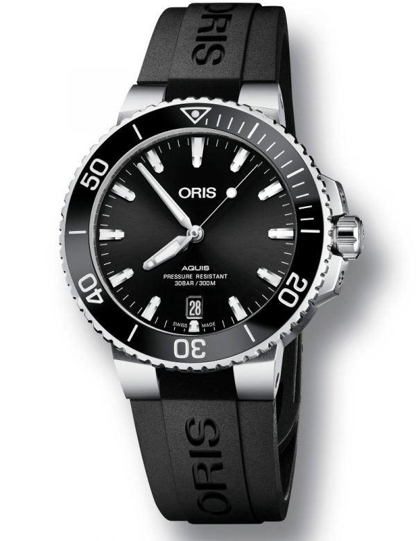 ORIS AQUIS DATE automatik armbåndsur Ø 39,5 mm med sort skive og sort gummirem
