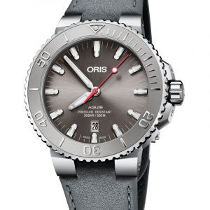 ORIS AQUIS DATE automatik armbåndsur med grå skive og grå læderrem