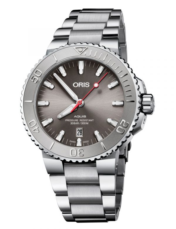 ORIS AQUIS DATE automatik armbåndsur med grå skive og lænke