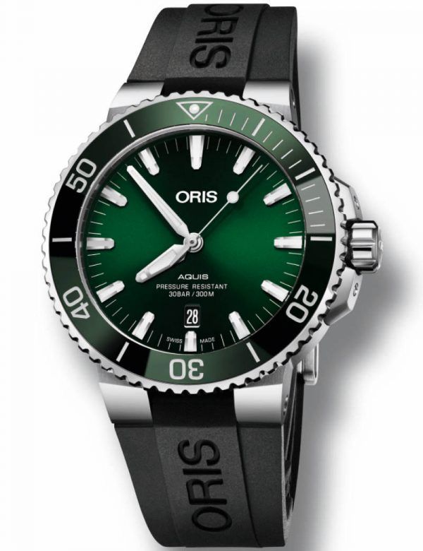 ORIS AQUIS DATE automatik armbåndsur med grøn skive med sort gummirem