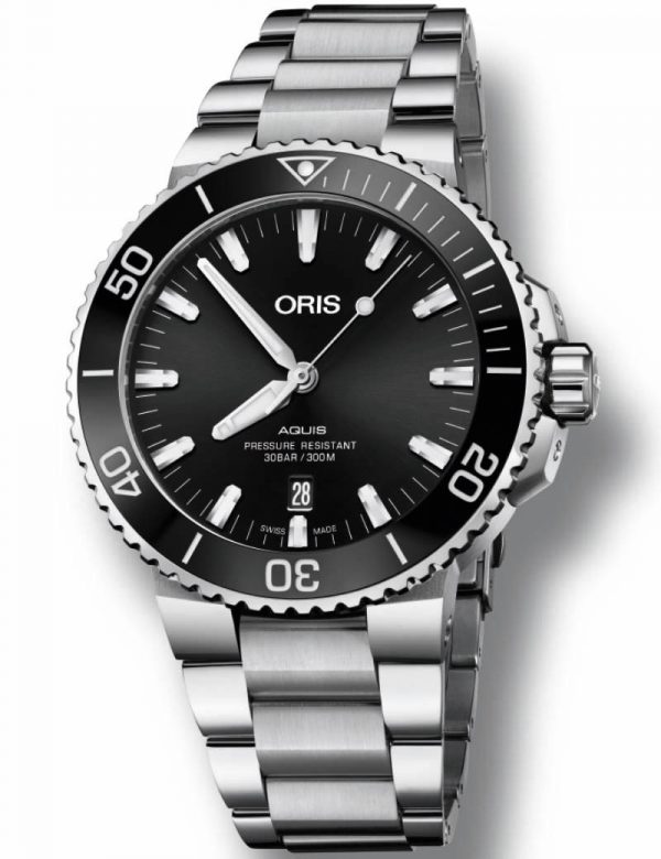 ORIS AQUIS DATE automatik armbåndsur med sort skive med lænke