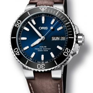 ORIS AQUIS DAY-DATE automatik armbåndsur med deep blue skive med brun læderrem