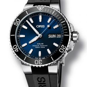 ORIS AQUIS DAY-DATE automatik armbåndsur med deep blue skive med sort gummirem