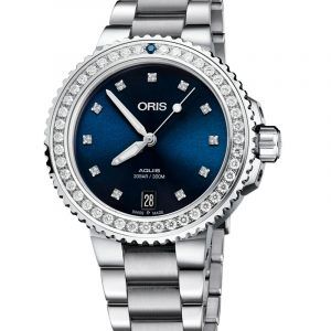 ORIS AQUIS LADY DATE DIAMONDS automatik armbåndsur i stål med blå skive og lænke
