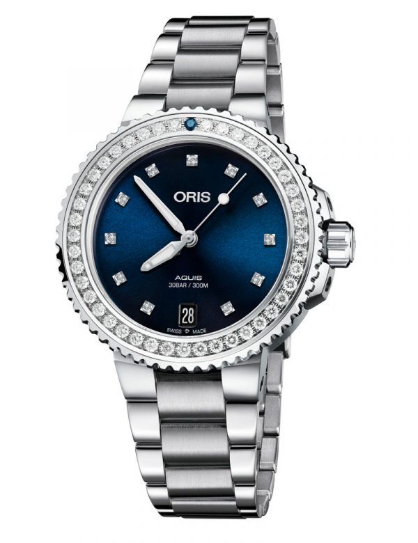 ORIS AQUIS LADY DATE DIAMONDS automatik armbåndsur i stål med blå skive og lænke