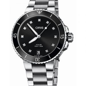 ORIS AQUIS LADY DATE DIAMONDS automatik armbåndsur med sort skive og lænke