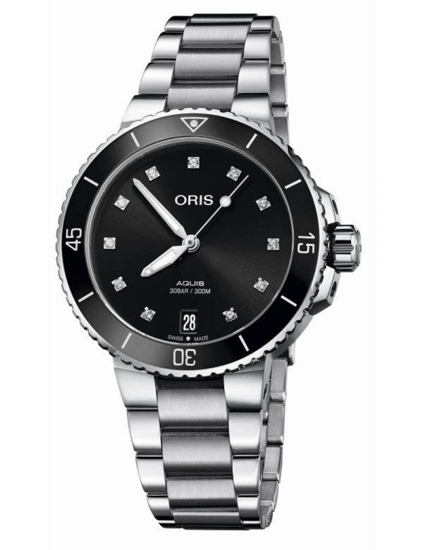 ORIS AQUIS LADY DATE DIAMONDS automatik armbåndsur med sort skive og lænke