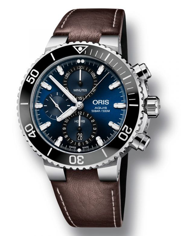 ORIS AQUIS chronograph automatik armbåndsur i deep blue skive med brun læderrem