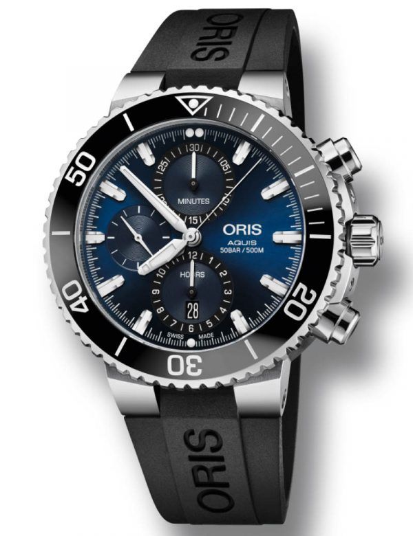 ORIS AQUIS chronograph automatik armbåndsur i deep blue skive med sort gummirem