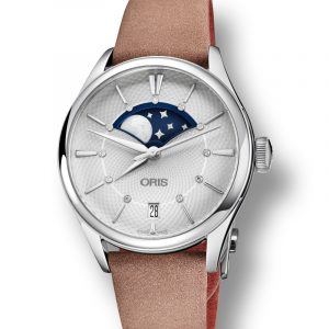 ORIS ARTELIER GRANDE LUNE automatik diamant armbåndsur i stål med sølvhvid skive og brun læderrem