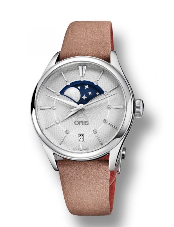 ORIS ARTELIER GRANDE LUNE automatik diamant armbåndsur i stål med sølvhvid skive og brun læderrem