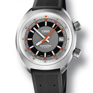 ORIS CHRONORIS DATE BLACK automatik armbåndsur i stål med grå skive og sort gummi rem