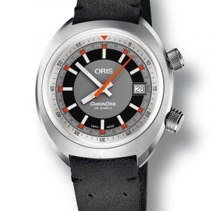 ORIS CHRONORIS DATE BLACK automatik armbåndsur i stål med grå skive og sort læderrem