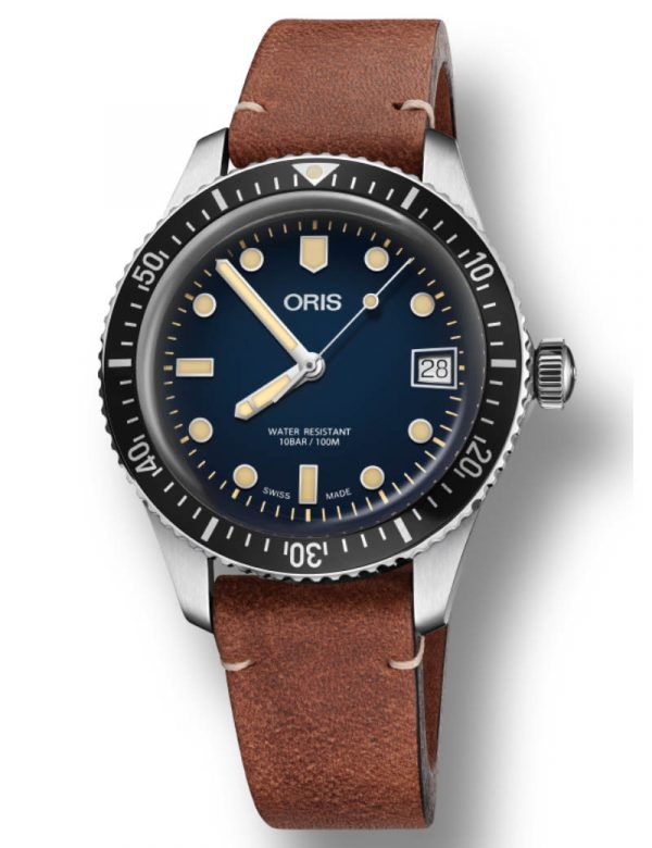 ORIS DIVERS HERRITAGE 65 36 MM automatik armbåndsur med blå skive med brun læderrem